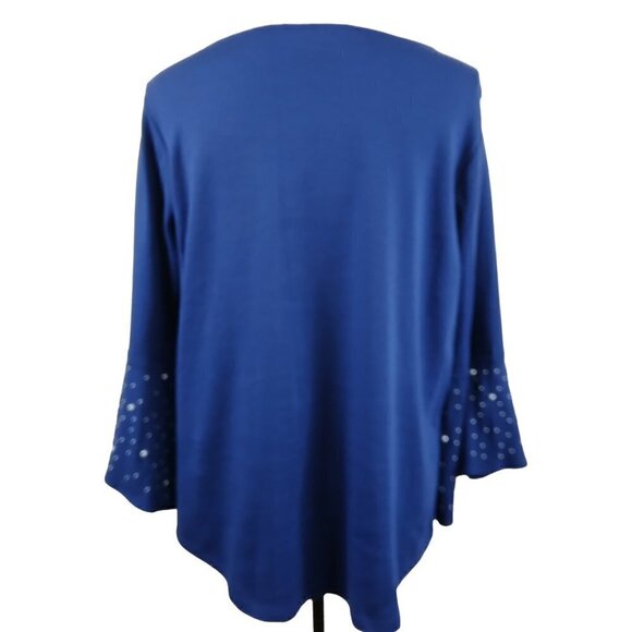 Quacker Factory | Cotton Knit  Bell Sleeve Pearl Trim Pull On Top Blue | Size L - Picture 4 of 9